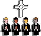 Computer graphic of a line of four men praying beneath a cross