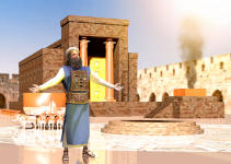 Painting of the courtyard of the Temple, with a priest in the foreground