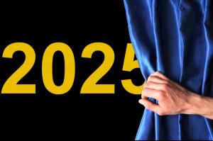 Ushering in the New Year A hand pulling back a curtin to reveal the date 2025